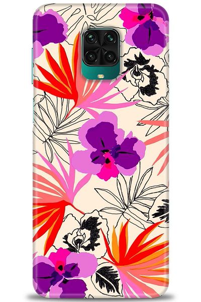 HoutCoture حافظة هاتف Xiaomi Redmi Note 9S مطبوعة بدقة HD - زهور حمراء أرجوانية + واقي شاشة كامل