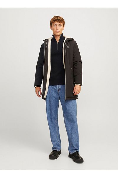 Jack & Jones Μαύρο ανδρικό πουλόβερ - Όρθιος γιακάς, κανονική εφαρμογή, μισό φερμουάρ, πλεκτό υλικό AW2