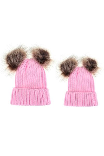 OEM Mother and child hat set with two Drool pompoms (Color: Pink)