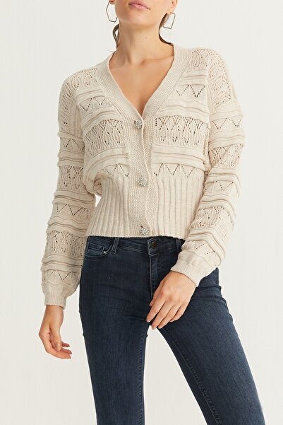 PARKhande Taşlı Düğmeli Ajurlu Hırka - Taş