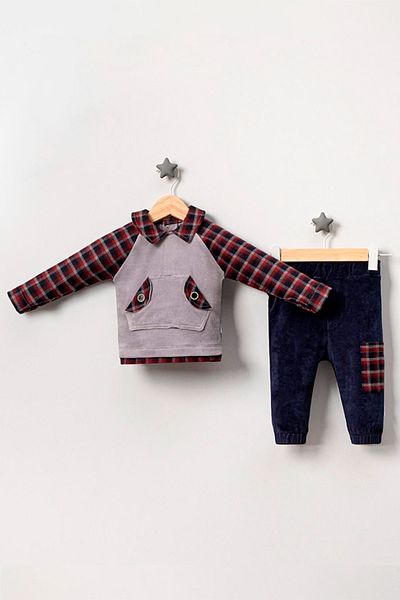 TRENDİMİZBİR Gray Baby Boy Plaid Raglan Sleeve Double Set