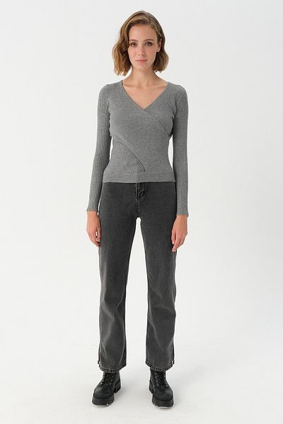 PARKhande Gray Long Sleeve Blouse - Ribbed Tie Knit Detail