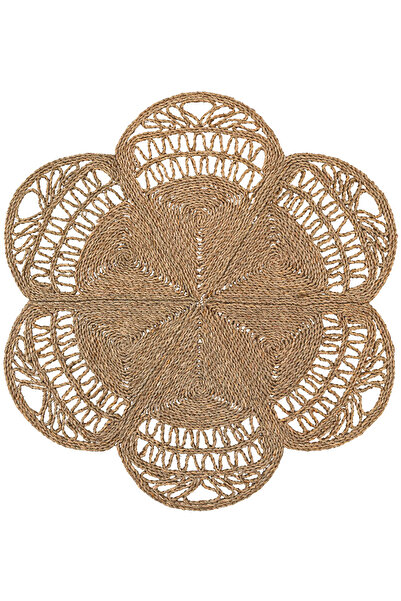 Koza Halı Meander El Yapımı Naturel Çiçek Desenli Deniz Sazı Yuvarlak Halı 120cm 8885