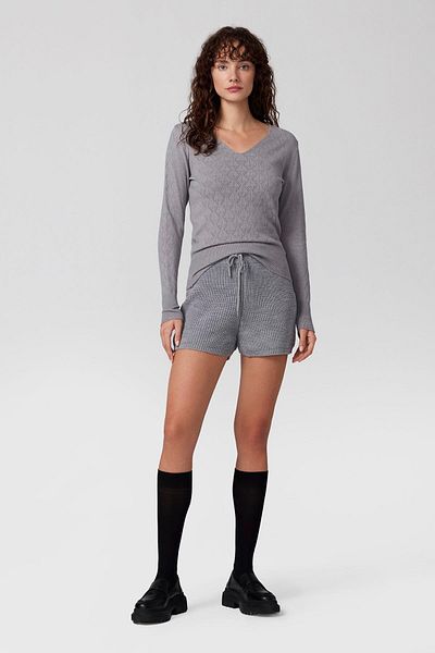 PARKhande V-Neck Openwork Long Sleeve Blouse - Gray