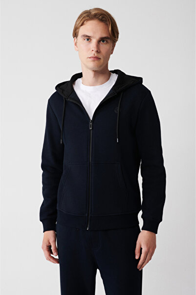 Avva Erkek Lacivert Kapüşonlu 3 İplik Şardonlu Fermuarlı Regular Fit Sweatshirt E001019