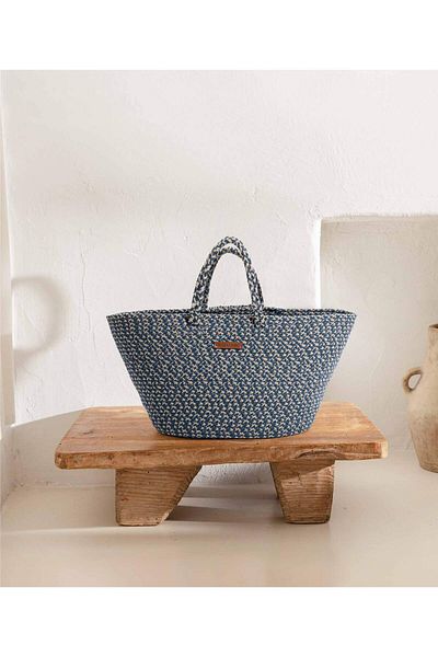 Koza Home Cesta Handmade Cotton Navy Blue Cream Straw Bag Beach Casual Decorative Bag 26x57cm