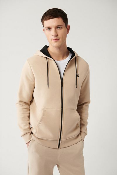 Avva Herren Beige Kapuzenpullover mit 3 Fäden und Reißverschluss E 001019