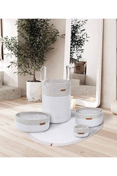 Koza Home Λευκό Γκρι Ψάθινο Διακοσμητικό Καλάθι - Χειροποίητο Καλάθι, 15cm 9039