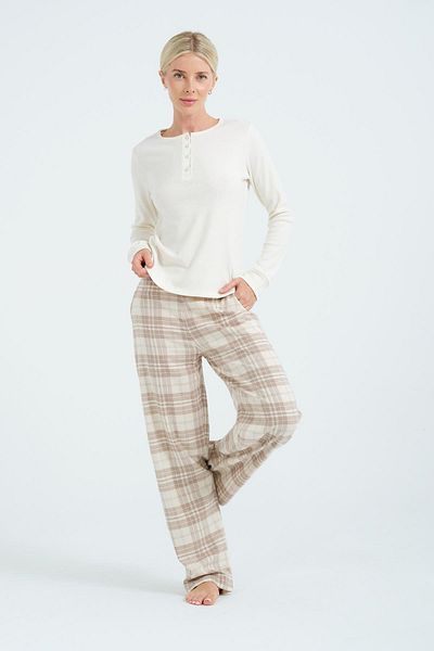 C&City Ecru Pajama Set - Crew Neck, Long Sleeve and Pocket 405111