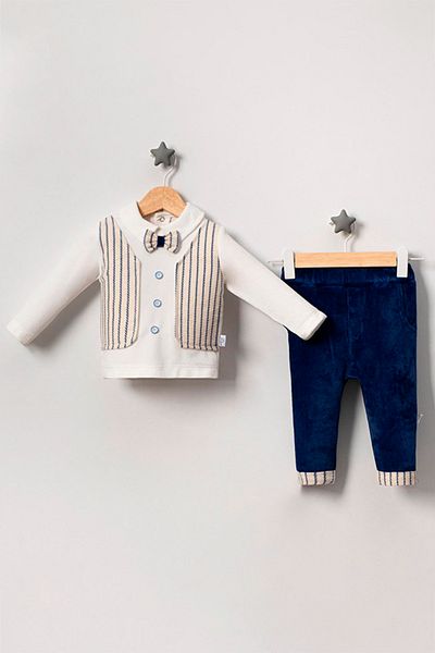 TRENDİMİZBİR Baby Boy Striped Vest Double Suit - Cream & Navy Blue
