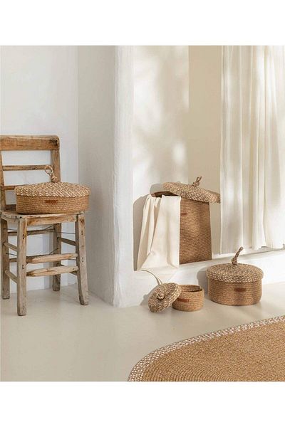 Koza Home سلة من القش باللون البيج مع غطاء سيستا، ديكور، 36 سم × 45 سم 9032