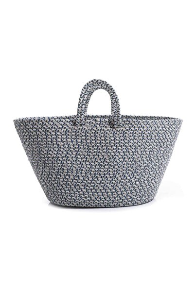 Koza Home Cesta El Yapımı Pamuklu Lacivert Gri Hasır Çanta Plaj Gündelik Dekoratif Çanta 26x57cm