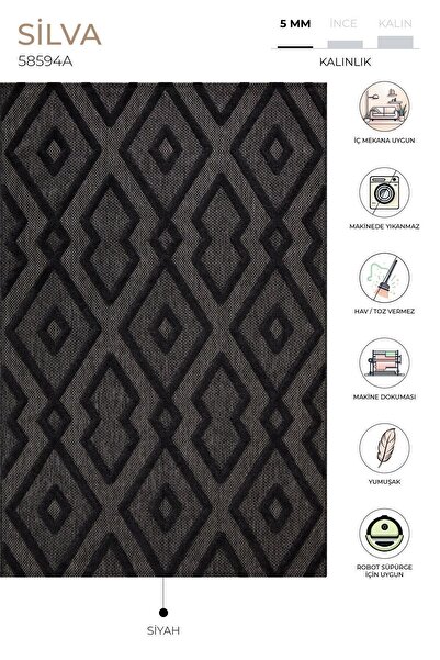 Koza Halı Silva Siyah Halı Yıkanabilir Halı Balkon Halısı Oturma Odası Koridor Yatak Odası Halısı 58594a