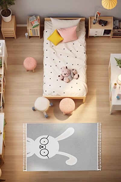 Koza Halı Sparkle Gri Krem Tavşan Figürlü Hayvan Figürlü Çocuk Odası Halısı 1...