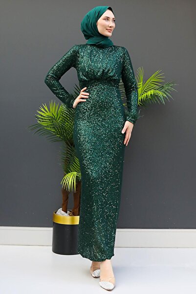 GİZ AGİYİM فستان قلم رصاص من الترتر الزمردي