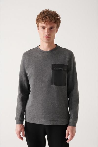 Avva Anthrazitfarbenes Herren-Sweatshirt aus Fallschirmstoff mit Rundhalsausschnitt und Tasche A22y1219