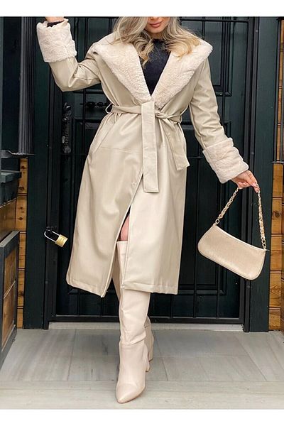 pembekurdelem Women's Fur Collar Leather Trench Coat Stone