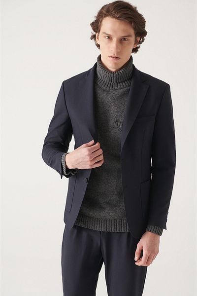 Avva Marineblauer Herrenanzug – wasserabweisender Stoff, Jacke A22y4011