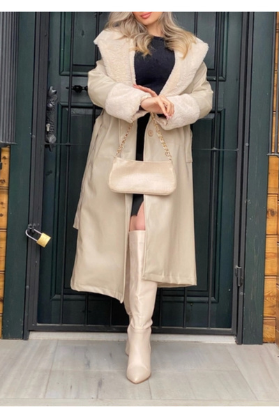 pembekurdelem Women's Fur Collar Leather Trench Coat Stone