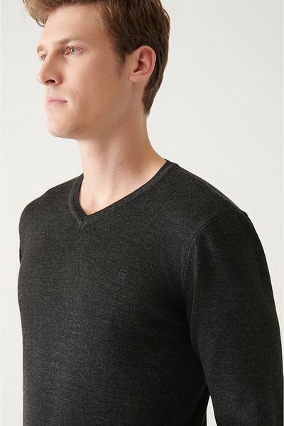 Avva Férfi antracit V-nyakú gyapjú kevert kötöttáru pulóver E 005016