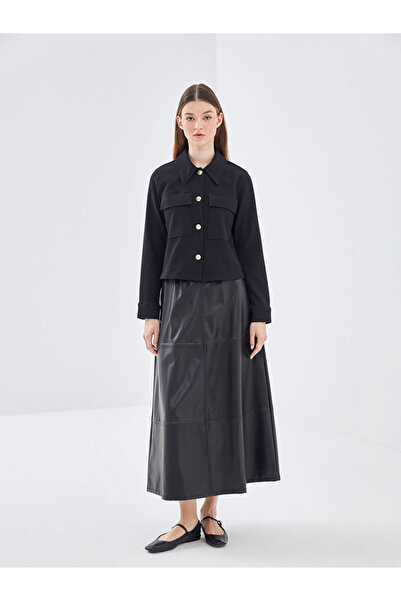 LC Waikiki LCW Modest Siyah Gömlek Yaka Dokulu Kadın Ceket