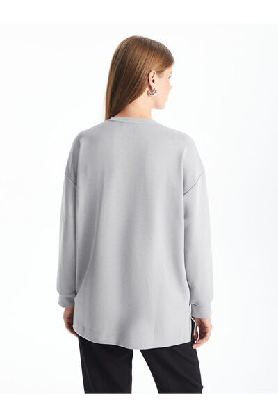 LC Waikiki LCWAIKIKI Basic Gri Bisiklet Yaka Nakışlı Oversize Kadın Tunik