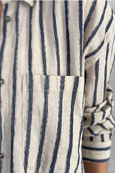 FEMELLE Women's Striped Single Pocket Loose 25% Linen 75% Cotton Oversize Shirt (Buy 1 Size Small)