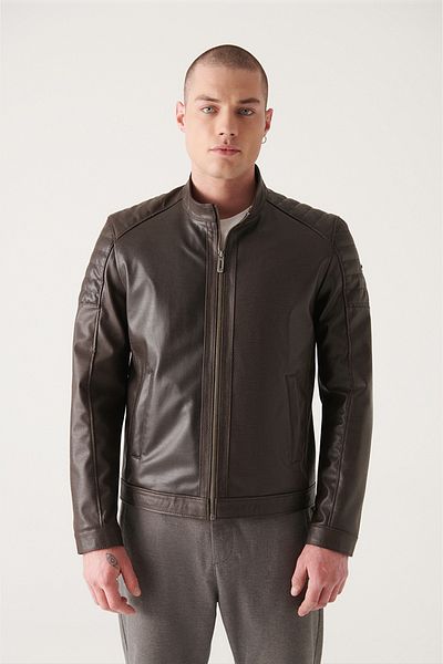 Avva Men's Brown Stand Collar Faux Leather Coat A22Y6078