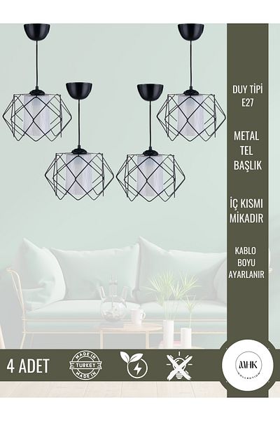 MHK Collection Black Design White Mica Glass Living Room Kitchen Bathroom Bedroom Children's Room 4 Piece Chandelier