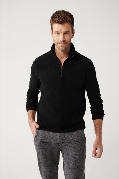 Avva Herren Schwarz Kältebeständig Half Zip Stehkragen Fleece Sweatshirt E 001068