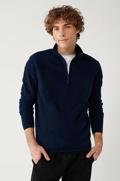 Avva Marineblaues, kältebeständiges Polar-Sweatshirt mit halbem Reißverschluss und Stehkragen für Herren E 001068