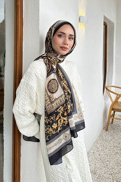 lamelif.com Σάλι Versa με βαμβακερό σχέδιο - Μαύρο Μπεζ