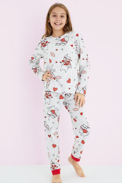 Siyah İnci Girl's Gray Colored Patterned Cotton Pajama Set 24225705