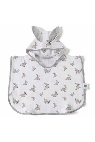 DEUX LAPINS 100% Cotton Gray Rabbit Patterned Muslin 4 Year Old Children's Poncho