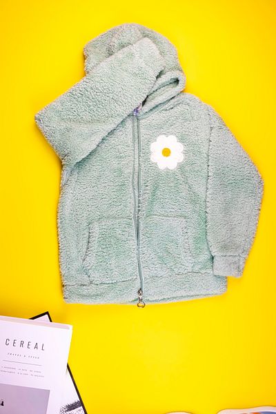 Yalçınoğlu Warm Green Plush Jacket for Kids, Flower Motif