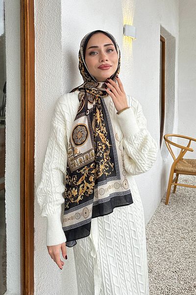 lamelif.com Σάλι Versa με βαμβακερό σχέδιο - Μαύρο Μπεζ
