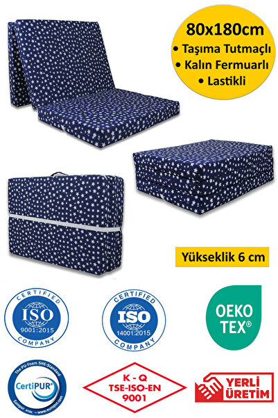 ALMİRA EV TEKSTİLİ Katlanır Sünger Yatak Minder 80x180x6 Minder Lacivert Yıldız