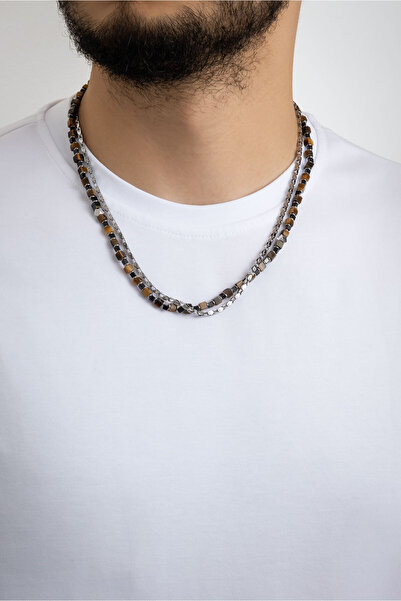 So CHIC... Kaplan Gözü Taşlı 55 Cm Çelik Çoklu Erkek Kolye