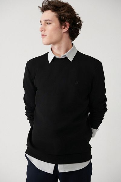 Avva Schwarzes Herren-Sweatshirt mit Rundhalsausschnitt, flexiblem, weichem Textur-Interlock-Stoff B 001100