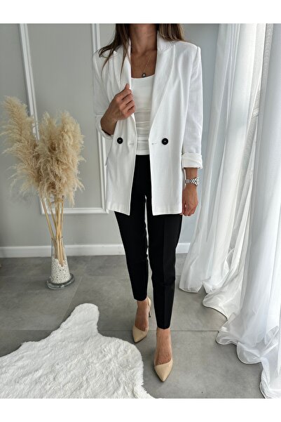 Butik Beyaz Keten Ceket(Astarsız-Dar kalıp)