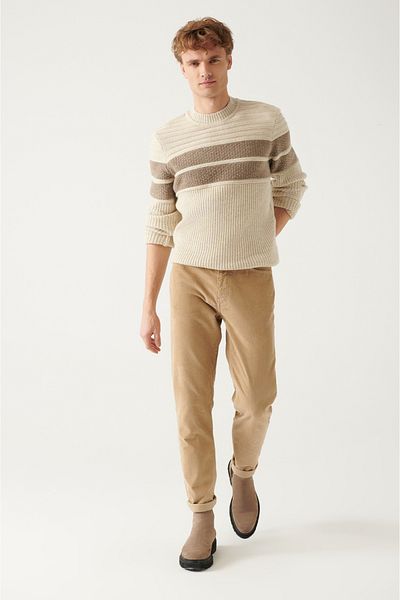 Avva Pánské béžové 100% bavlna Dobby 5 Pocket Lycra sametové kalhoty A22Y3044