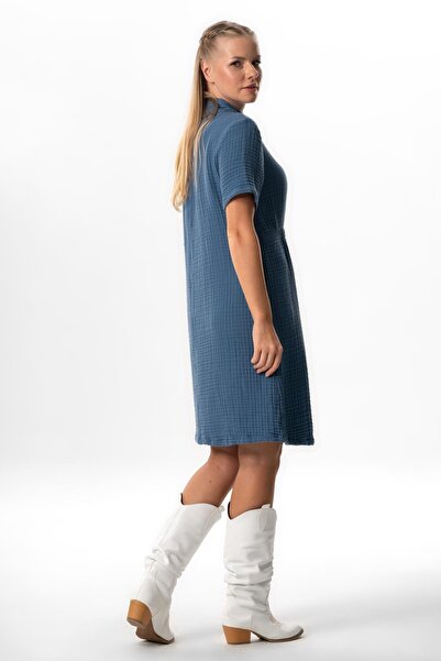 Eliş Şile Bezi Indigo Midi Length Double Muslin Dress - Short Sleeve and Half Neck, Elastic Autumn and Winter