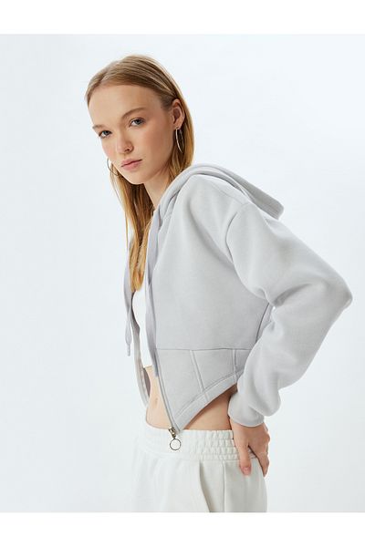 Koton Hooded Zippered Crop Sweatshirt - Corset Detailed Pocket Shawl