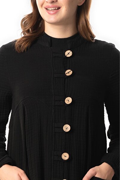 Eliş Şile Bezi Μαύρο φανελάκι μουσελίνας - Μακρύ μανίκι, γιακάς τύπου Paradise Judge, λεπτομέρεια με κουμπιά, με τσέπες, για το φθινόπωρο και το χειμώνα