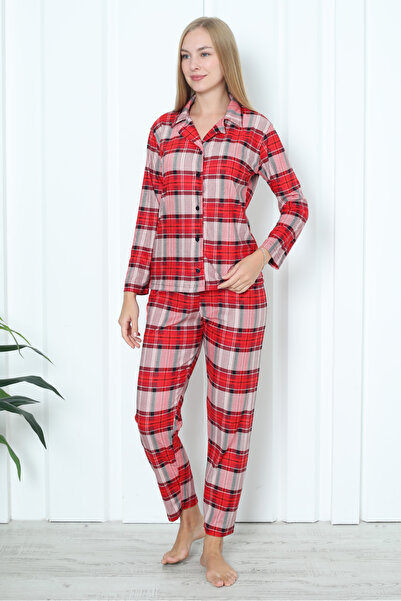 Wordex Mr 3707 Dugačka, mekana, kopčana zimska pidžama za žene Antilop Karirano