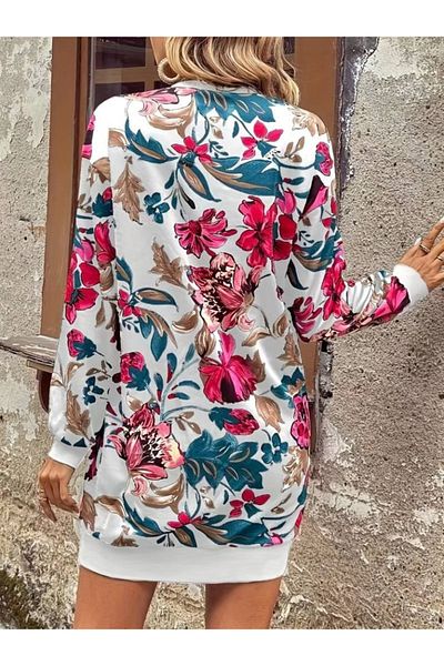 Moka Shopin MokaShopin Rochie de scafandru cu mânecă lungă pentru femei, cu decolteu rotund, cu imprimeu floral