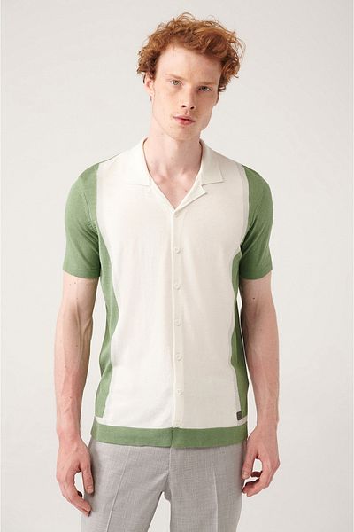 Avva Water Green Men's Knitwear T-Shirt - Cuban Collar, Color Block, Buttoned A31Y5016