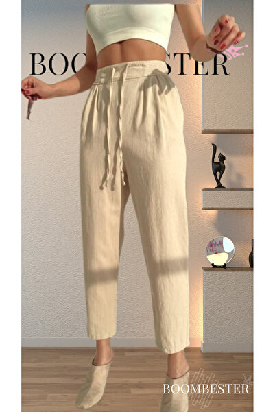 BoomBester Γυναικείο ακατέργαστο λινό παντελόνι με κορδόνι στη μέση με λεπτομ...