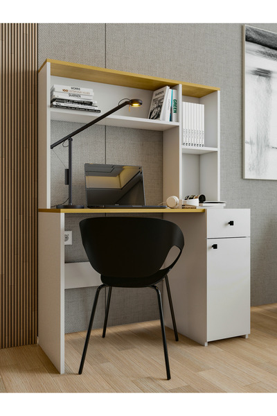 MONTENERO Çalışma Masası Parlak Beyaz Marbella Kitaplıklı Raflı Modern Masa