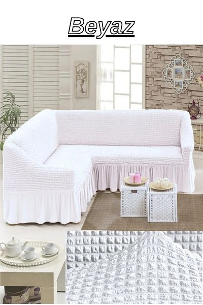 kanway Husă pentru canapea de colț elastică pentru 5 persoane cu fustă - Wrap Around L, mâneci, elastic flexibil. 350 cm